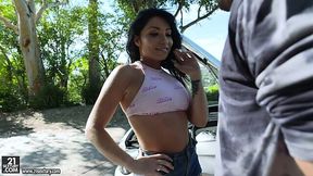 Attractive chick Rina Ellis is fucked hard right on the car hood