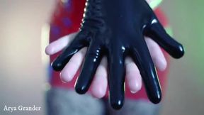 Nude Topless Curvy Girl In Red Fetish PVC Corset and Latex Skirt Wearing Rubber Gloves