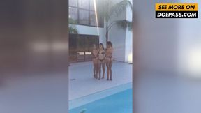 Funny poolside shoot with three models