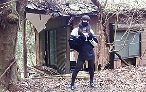 Masturbation perverted transgender tearing clothes in an abandoned house in the forest.