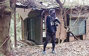 Masturbation perverted transgender tearing clothes in an abandoned house in the forest.