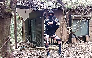 Masturbation perverted transgender tearing clothes in an abandoned house in the forest.
