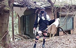 Masturbation perverted transgender tearing clothes in an abandoned house in the forest.