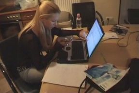 Svelte sexy smiling blondie has a phone conversation