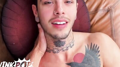 Tattooed twink deepthroats and spreads legs to be railed deep