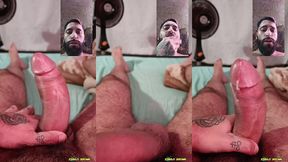 camilo brown jerking his big uncut cock until he shoots his cum load on his own face