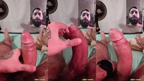 camilo brown jerking his big uncut cock until he shoots his cum load on his own face