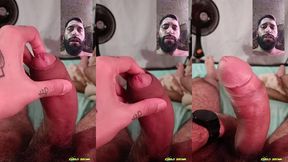 camilo brown jerking his big uncut cock until he shoots his cum load on his own face