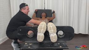 Tickling Lady Phoenix's Feet and Petite Body in the Tickle Chair's Stocks While She Laughs and Fights Back Pt1