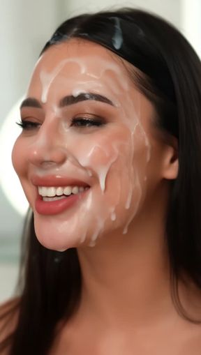 bukkake, facial, a young, brunette hair, video created by AI