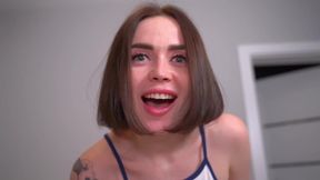 Girl in sneakers with a big juicy ass sucking insatiably and then riding on cock