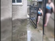 Chub Sissy Exposed in Womans Swim Suit in The Rain