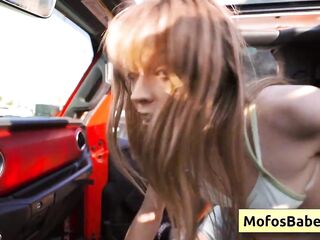 Wicked slim blondie teenager show her vagina in the sand and suck her boyfriend during the time that driving home