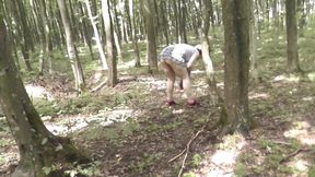 Sexy cute Milf without panties under skirt picks mushrooms in forest. Outdoor Outside In public Solo