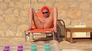 Cum in mouth near the pool
