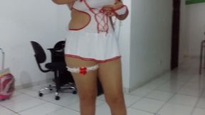 Dressed like a nurse brunette wife of my buddy sucks his strong cock