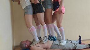 Multitrampling contest #80 (Part 2): 4 girls synchronous jumping & socks facestanding & sneaker trampling onslaught
