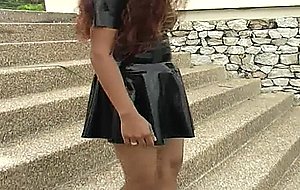 Two black ladies in latex swimwear tease on the pool and by the beach