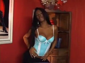 Dark skin ladyboy with amazing tits gets anal and cumload finale