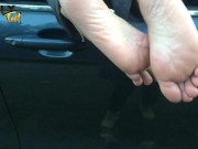 I DARE YOU TO LICK THEM AS YOU WALK BY - RIPE SMELLY BOOT FEET OUT CAR WINDOW - MANLYFOOT 🚙 🦶