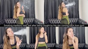 Smoking marlboro reds wet after being caught by the rain coming back from gym