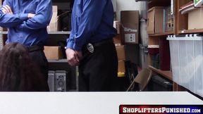Curvy nubile gets double doggystyle and spitroast by two big pole guards