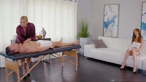 Pretty ginger helps busty MIlf to fuck the guy after massage - Nuru Massage