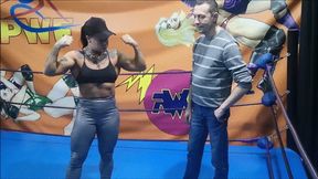 Belorussian female bodybuilder lifts a tall skinny guy