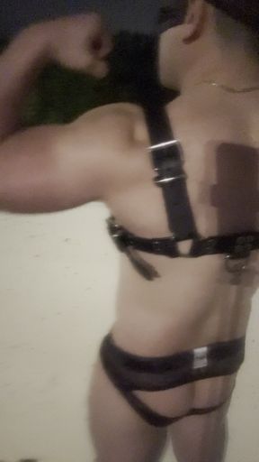 Midnight Bridge Tease: Asian Muscle Hunk's Leather-clad Cock Reveal