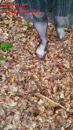 In nylons in the forest.