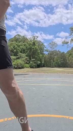 Straight guy hanging out his uncut cock at the public space.