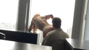Cheating wife boss dominated by hung intern in public window