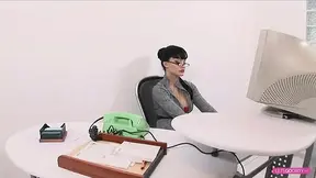 Sexy secretary in red lingerie and stockings rides a good cock