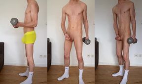 Twink pumps iron till dripping cumshot covers gym towel