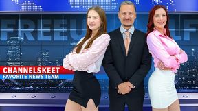 Sexy reporter gets ravaged by redhead colleague, 118-year-old protester joins in, total carnage!
