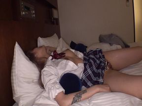 Busty Suntanned Girl in College Uniform, Takes on a Cumshot