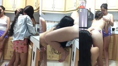 Latin lesbians dripping wet in homemade kitchen threesome.