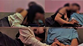 Muslim Hijab Blowjob Boyfriend's Dick in Living Room, Until Handjob Cum on Tissue