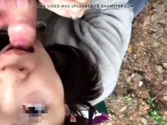 Hiking BJ: her tiny mouth can't contain the flood of sperm