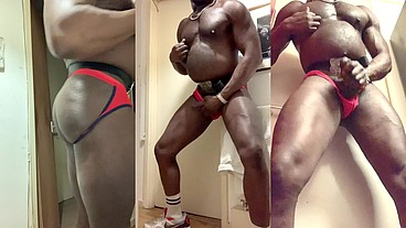 Black Muscle Red Jock Self love edging to the Inevitable Load Busting Final Scene