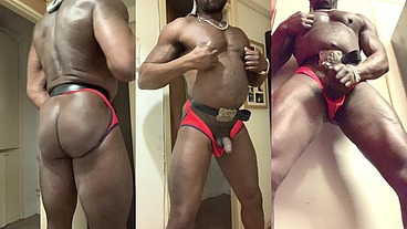 Black Muscle Red Jock Self love edging to the Inevitable Load Busting Final Scene