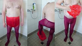 inkontinenz spass in heisser strumpfhose und gummihose