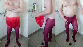 inkontinenz spass in heisser strumpfhose und gummihose