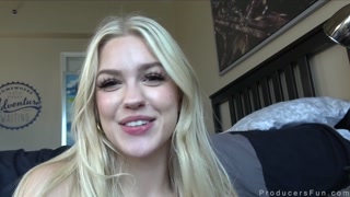 Blue eyed hottie does accents while fucked then gets a big a facial