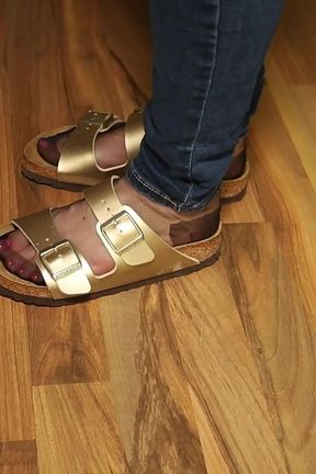 Nylons &amp; Tight Jeans - Dangling in Classic Sandals