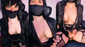 Asian Secretary Typing With Her Tits Out, Then Jerks Her Cock