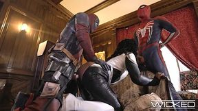 Superhero threesome. Deadpool and spiderman fuck lusty Ebony Monica Rambeau