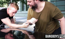 Burly deviant flexing alongside hunk before battle