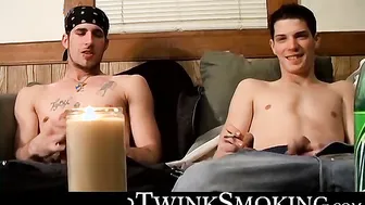 Twink smokers Chain and Benz stroke together on the couch