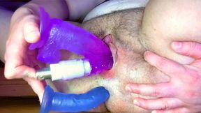 chubby FTM anal and pussy triple penetration - JonaFTM with two dildos in his pussy and one in his ass gets stretched out good!